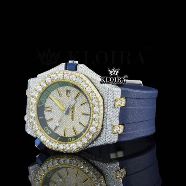 Blue Rubber Strap Iced Out Yellow Dial Moissanite Watch Left Profile View