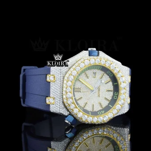 Blue Rubber Strap Iced Out Yellow Dial Moissanite Watch Right Profile View