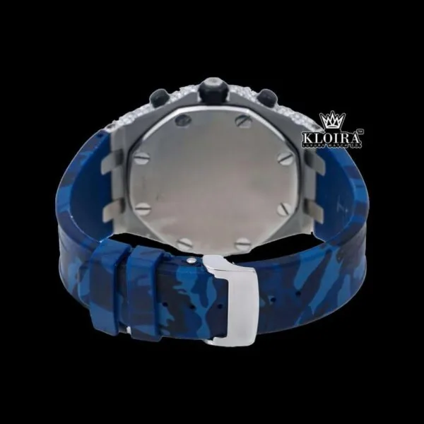 Blue Rubber Strap Two Tone Chronograph Moissanite Watch Caseback View