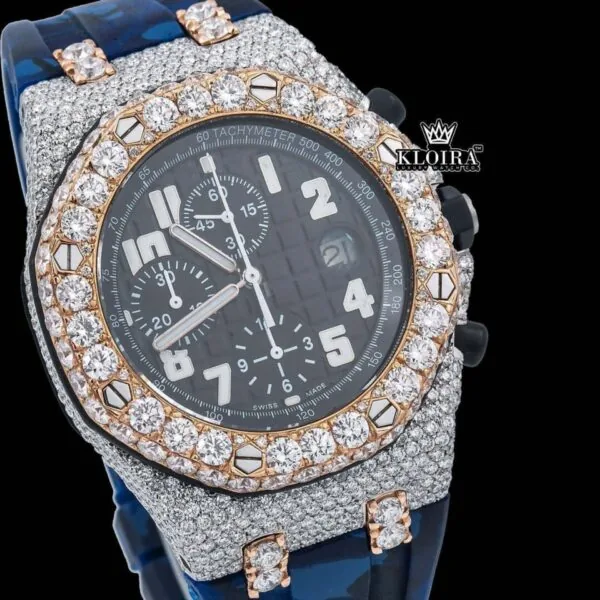 Blue Rubber Strap Two Tone Chronograph Moissanite Watch Close Up Dial View