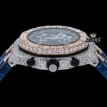 Blue Rubber Strap Two Tone Chronograph Moissanite Watch Crown View