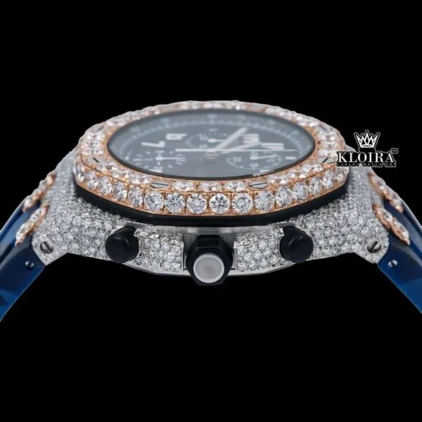 Blue Rubber Strap Two Tone Chronograph Moissanite Watch Crown View