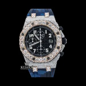 Blue Rubber Strap Two Tone Chronograph Moissanite Watch