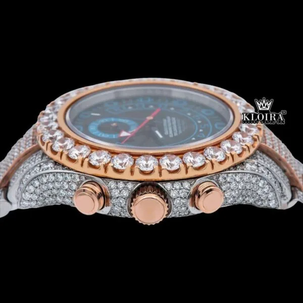 Blue Standard Numerals Sub Dial Two Tone Iced Out Moissanite Watch Crown View