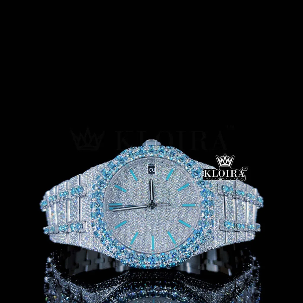 Blue Stick Markers White Dial Fully Iced Out Moissanite Diamond