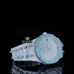 Blue Stick Markers White Dial Fully Iced Out Moissanite Diamond Watch​ Right Profile View