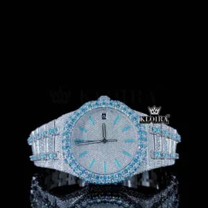 Blue Stick Markers White Dial Two Tone Iced Moissanite Diamond Watch