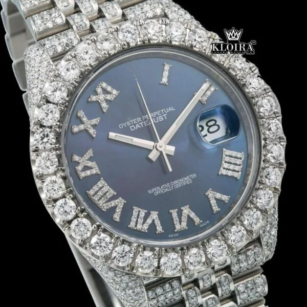 Blue Sunburst Dial Roman Numerals Fully Iced Moissanite Diamond Watch Close Up Dial View