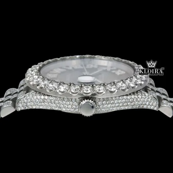 Blue Sunburst Dial Roman Numerals Fully Iced Moissanite Diamond Watch Crown View