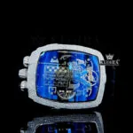 Blue Transparent Skeleton Dial Rubber Strap Semi Iced Out Moissanite Watch