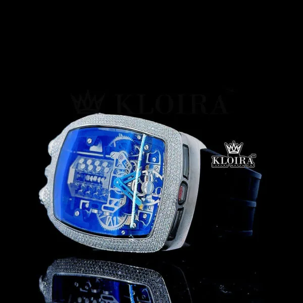 Blue Transparent Skeleton Dial Rubber Strap Semi Iced Out Moissanite Watch Left Profile View