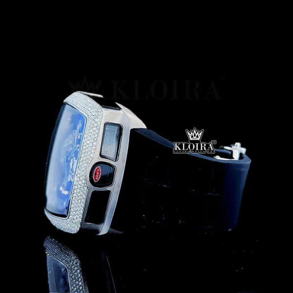 Blue Transparent Skeleton Dial Rubber Strap Semi Iced Out Moissanite Watch Left Side View