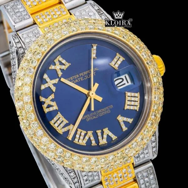 Bold Roman Markers Blue Dial Iced Out Moissanite Diamond Watch Close Up Dial View