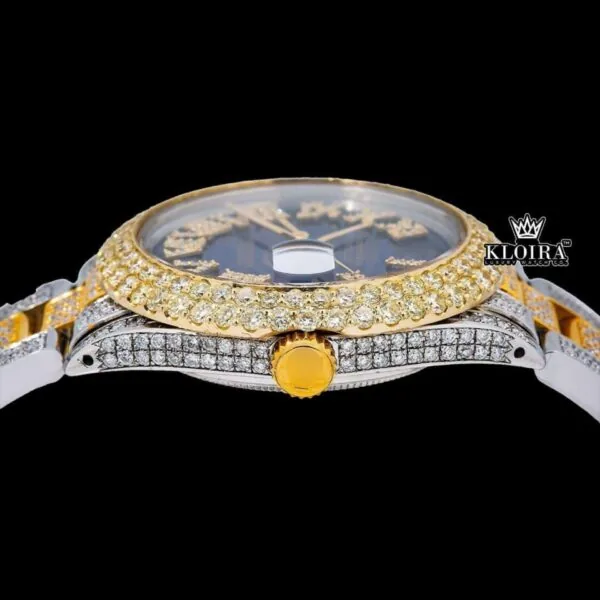 Bold Roman Markers Blue Dial Iced Out Moissanite Diamond Watch Crown View