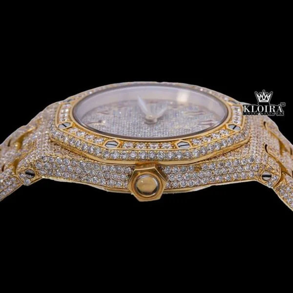 Brown Arabic Numerals Dial Fully Iced Out Yellow Gold Moissanite Watch Crown View