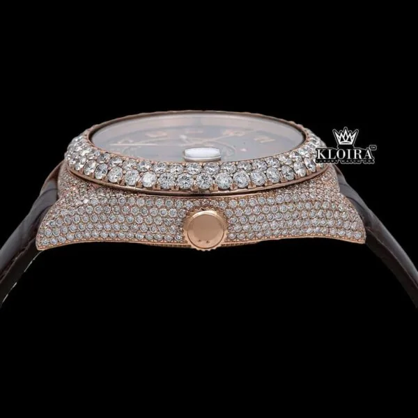 Brown Dial Standard Numerals Leather Strap Semi Iced Out Moissanite Watch Crown View