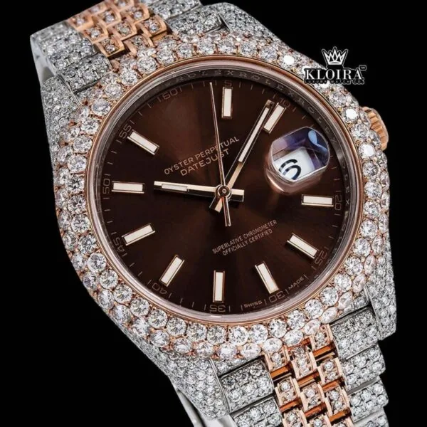 Brown Dial Stick Markers Two Tone Diamond Link Strap Moissanite Watch Close Up Dial View