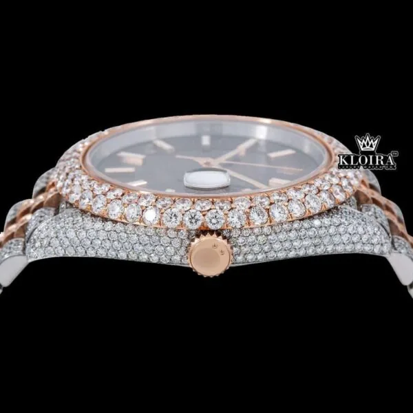 Brown Dial Stick Markers Two Tone Diamond Link Strap Moissanite Watch Crown View