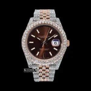 Brown Dial Stick Markers Two Tone Diamond Link Strap Moissanite Watch