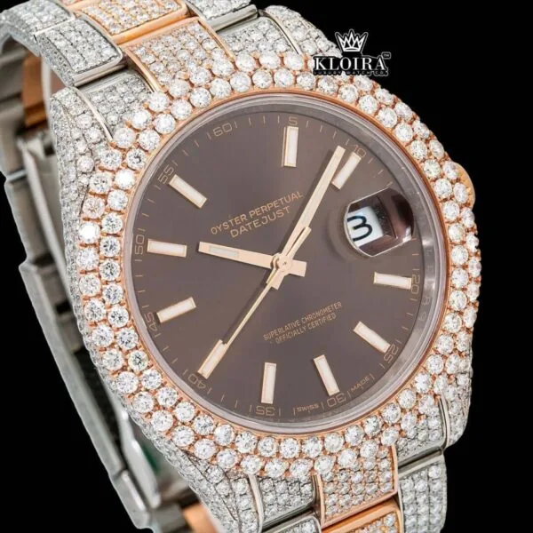 Brown Dial White Stick Markers Bust Down Moissanite Diamond Watch Close Up Dial View