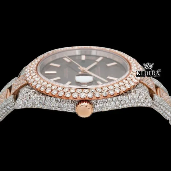 Brown Dial White Stick Markers Bust Down Moissanite Diamond Watch Crown View