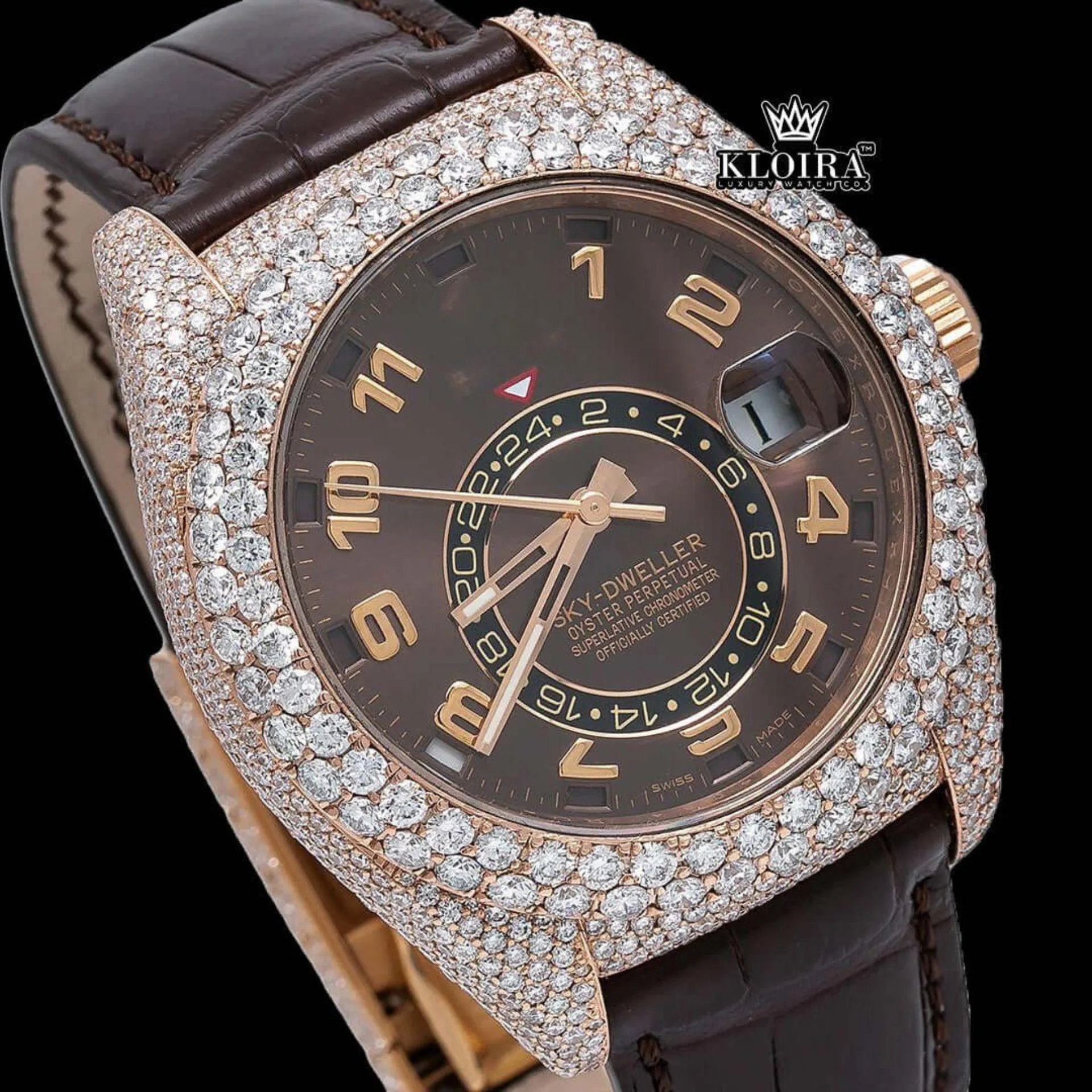 Brown Leather Strap Brown Dial Semi Iced Out Moissanite Diamond Watch Close Up Dial View
