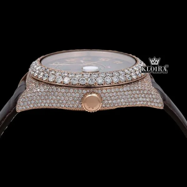 Brown Leather Strap Brown Dial Semi Iced Out Moissanite Diamond Watch Crown View