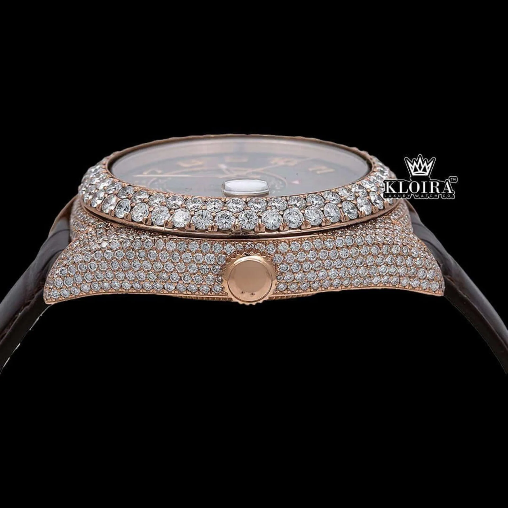 Brown Leather Strap Brown Dial Semi Iced Out Moissanite Diamond Watch Crown View