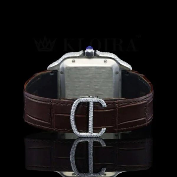 Brown Leather Strap Roman Numerals Lab Grown Diamond Watch Caseback View