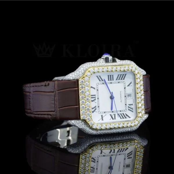 Brown Leather Strap Roman Numerals Lab Grown Diamond Watch Right Profile View