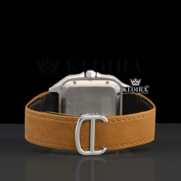 Brown Leather Strap Roman Numerals Moissanite Diamond Watch Caseback View