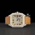 Brown Leather Strap Roman Numerals Moissanite Diamond Watch
