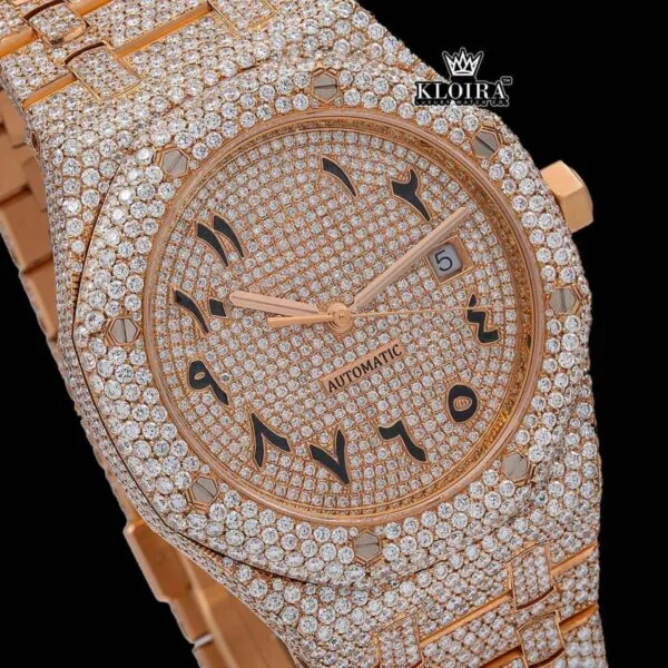 Bust Down Arabic Numerals Rose Gold Dial Moissanite Diamond Watch Close Up Dial View