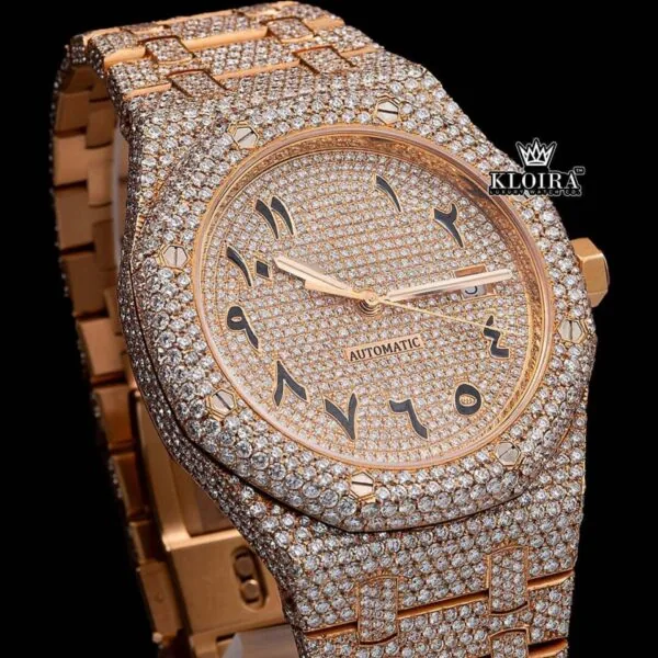 Bust Down Arabic Numerals Rose Gold Dial Moissanite Diamond Watch Close Up Front View