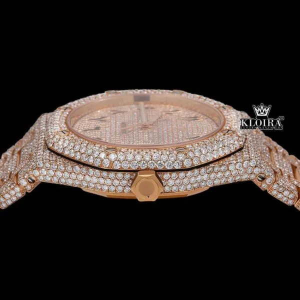Bust Down Arabic Numerals Rose Gold Dial Moissanite Diamond Watch Crown View