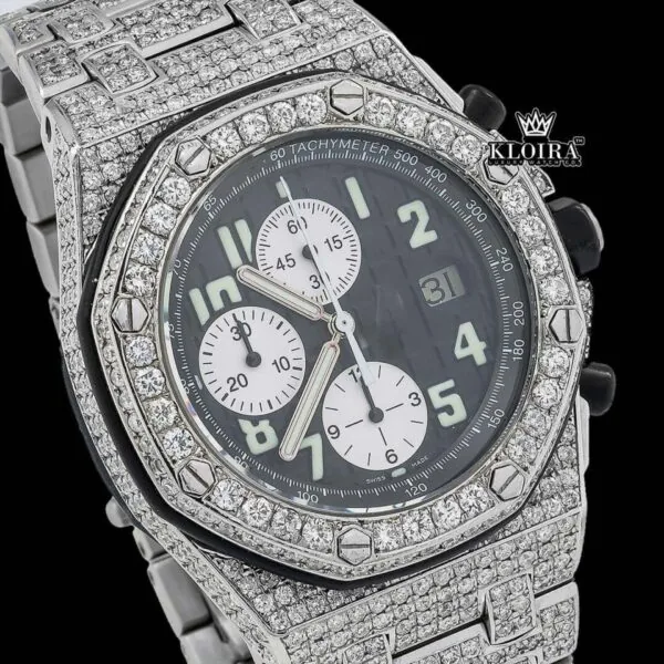 Bust Down Black Dial Chronograph Moissanite Diamond Watch Close Up Dial View