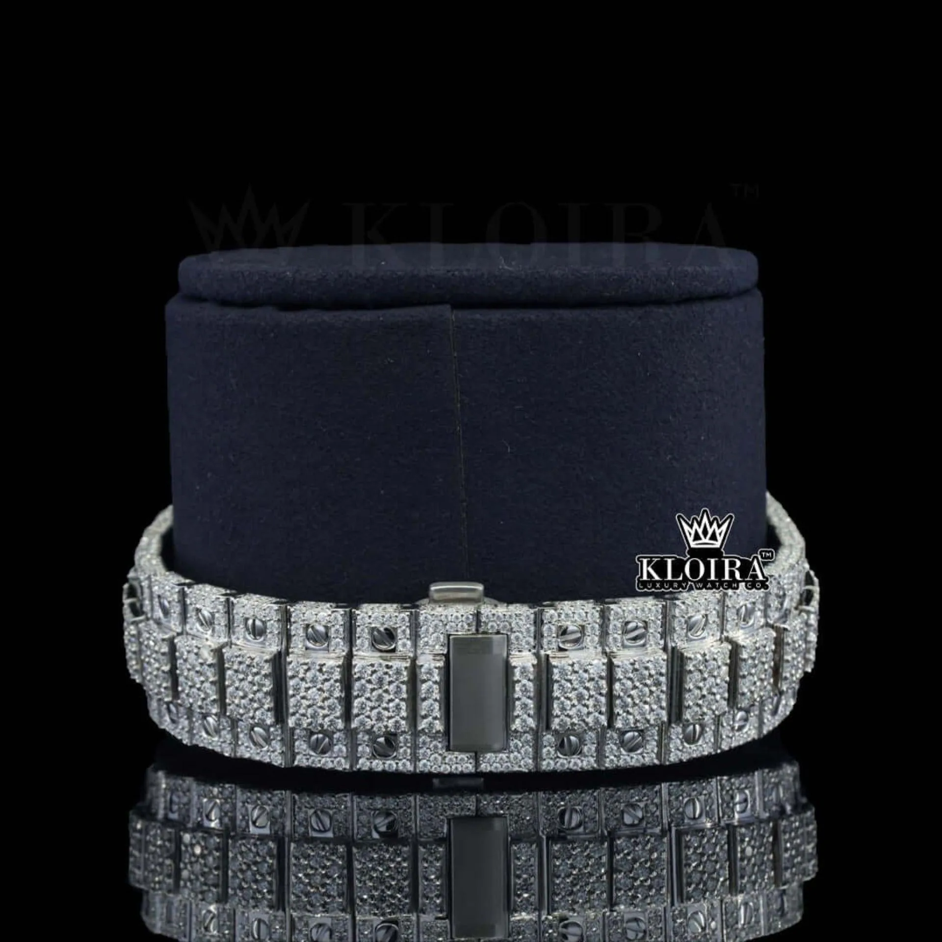 Bust Down Black Roman Numerals White Dial Moissanite Diamond Watch Bracelet View