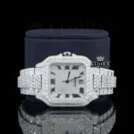 Bust Down Black Roman Numerals White Dial Moissanite Diamond Watch Front Close Up View