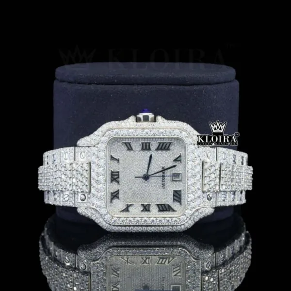 Bust Down Black Roman Numerals White Dial Moissanite Diamond Watch Front Close Up View