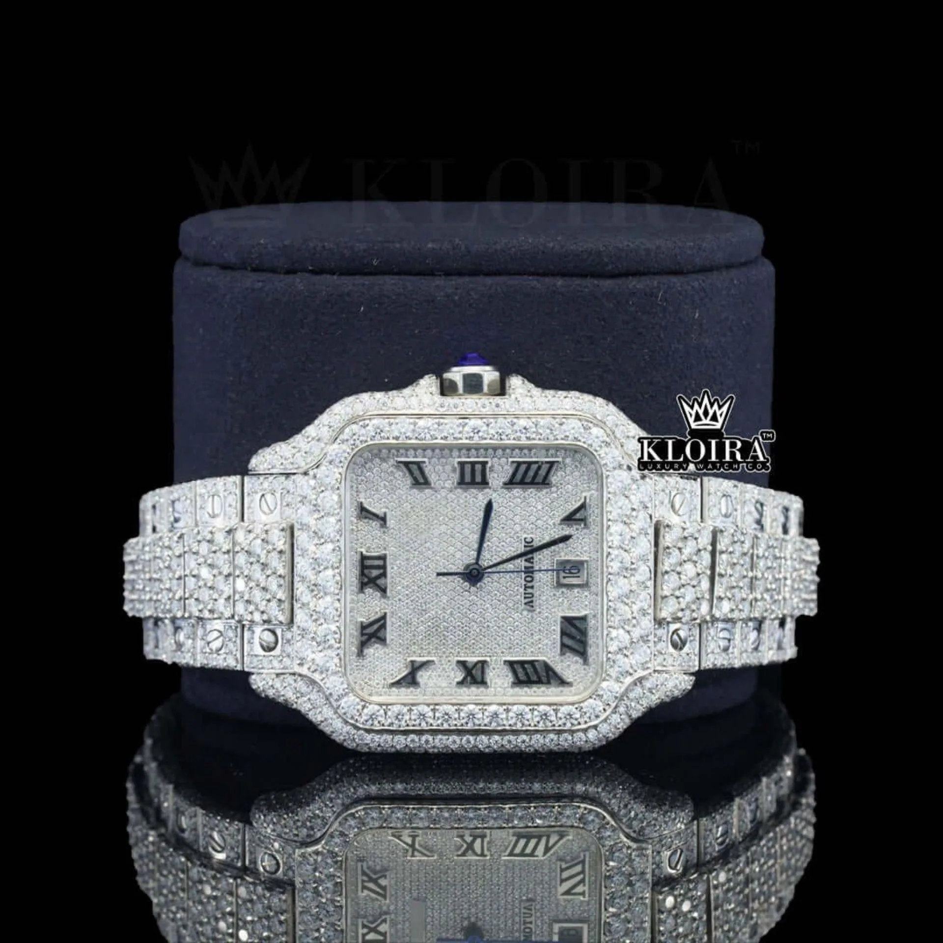 Bust Down Black Roman Numerals White Dial Moissanite Diamond Watch Front Close Up View