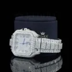 Bust Down Black Roman Numerals White Dial Moissanite Diamond Watch Left Profile View