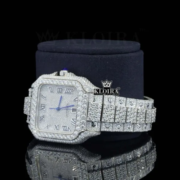 Bust Down Black Roman Numerals White Dial Moissanite Diamond Watch Left Profile View