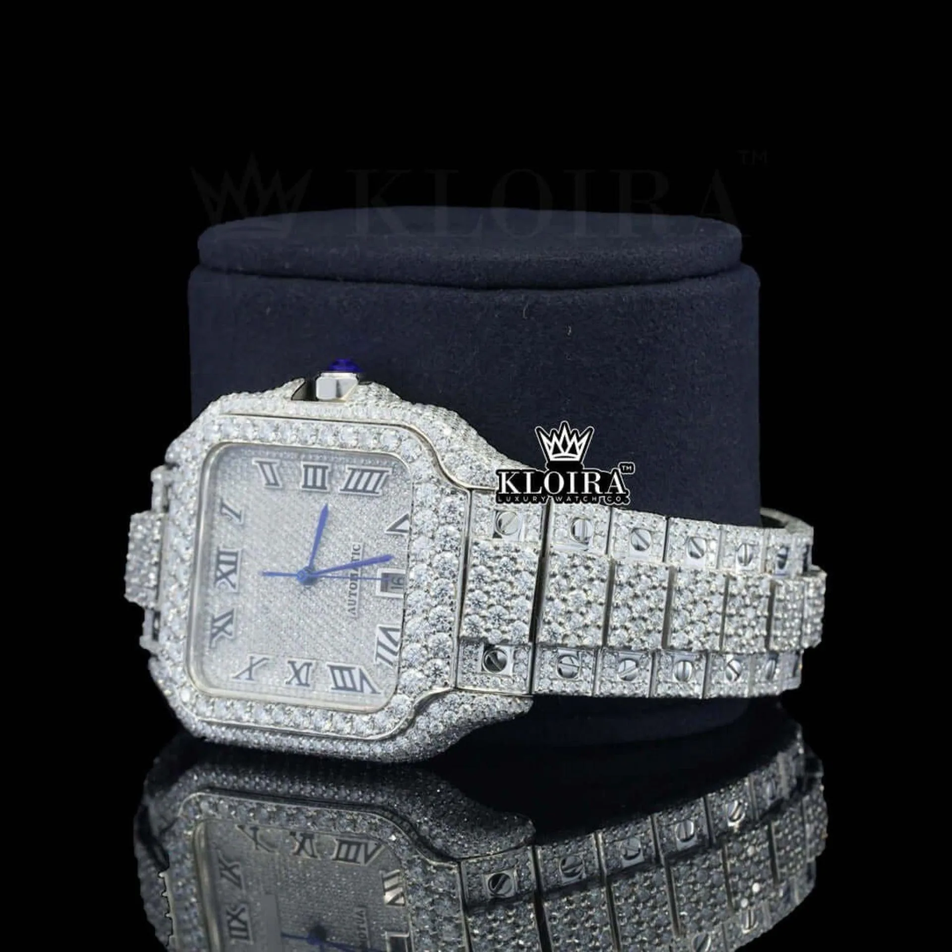 Bust Down Black Roman Numerals White Dial Moissanite Diamond Watch Left Profile View