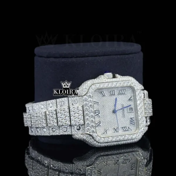 Bust Down Black Roman Numerals White Dial Moissanite Diamond Watch Right Profile View