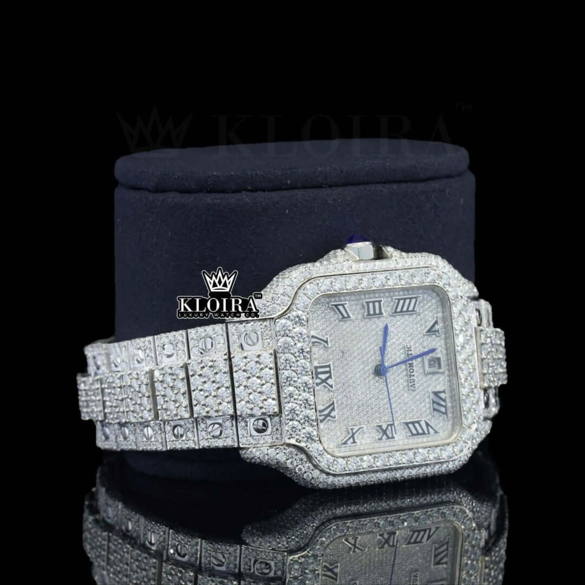 Bust Down Black Roman Numerals White Dial Moissanite Diamond Watch Right Profile View