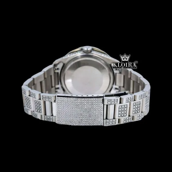 Bust Down Blue Dial White Roman Numerals Moissanite Watch Caseback View