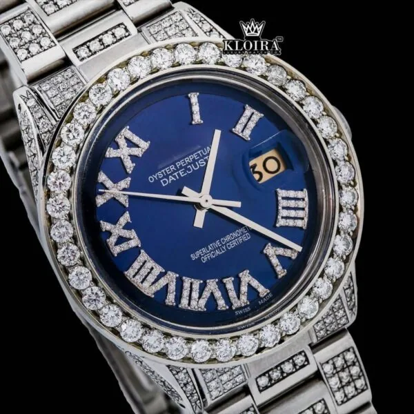 Bust Down Blue Dial White Roman Numerals Moissanite Watch Close Up Dial View