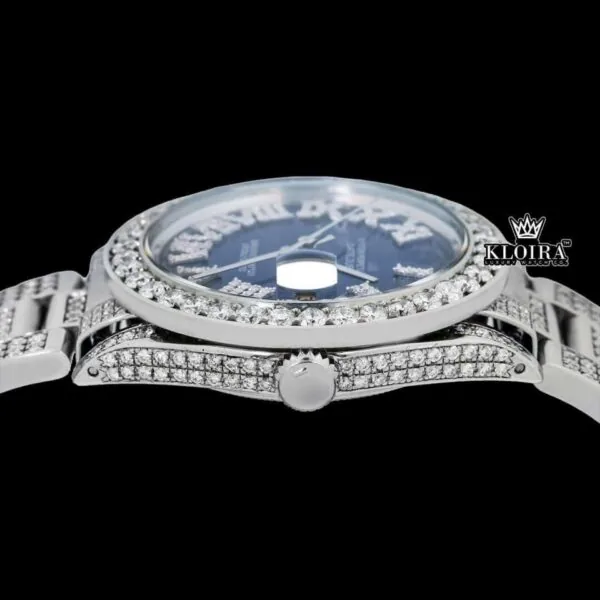 Bust Down Blue Dial White Roman Numerals Moissanite Watch Crown View