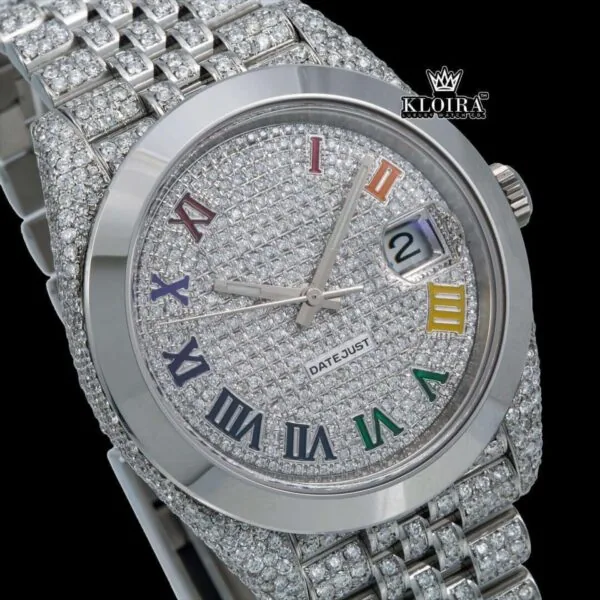 Bust Down Rainbow Roman Numerals Silver Moissanite Diamond Watch Close Up Dial View