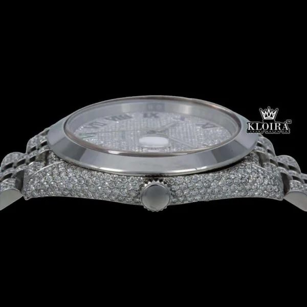 Bust Down Rainbow Roman Numerals Silver Moissanite Diamond Watch Crown View